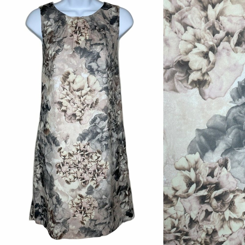 H&M Wms Sz 8 Floral Pleated Neckline Pink Grey Sleeveless Shift Cocktail Dress